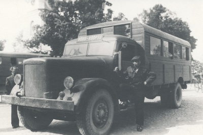 Photo (Negative) Truck-bus Austro-Fiat in 1949. Bus driver Valter Lett.  duplicate photo