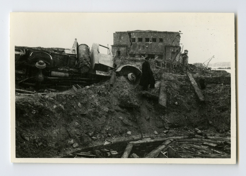 Crushed port of Tallinn, view of the main man's bridge by the port bridge No. 5, crushed truck