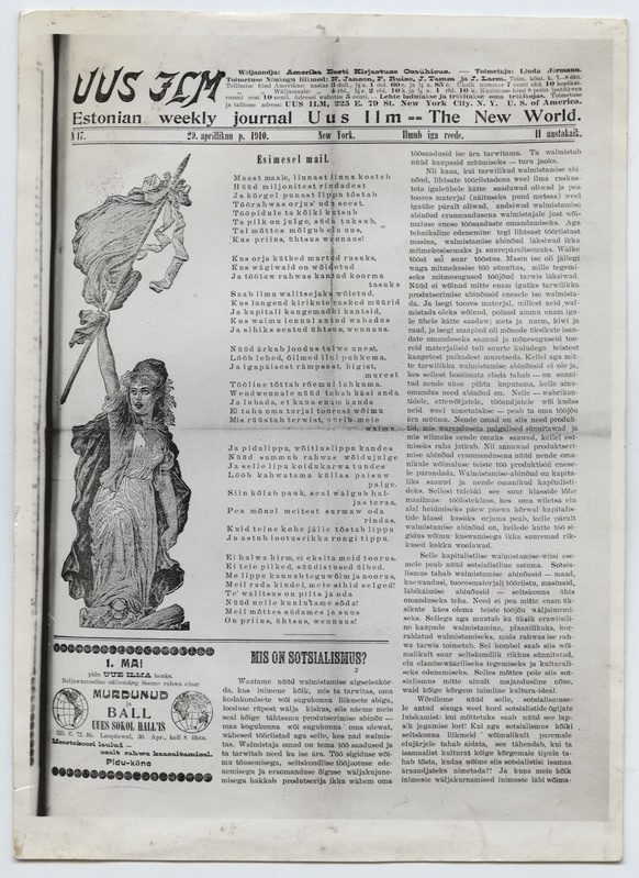 Ajakiri "Uus Ilm, Estonian weekly journal Uus Ilm - The New World" New York No. 17, 29.04.1910, esimene lehekülg 1. mai üleskutsega.