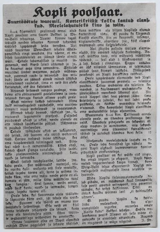 Fotoreproduktsioon "Waba Maa" artiklist "Kopli poolsaar", Nr. 92, 22.04.1926.