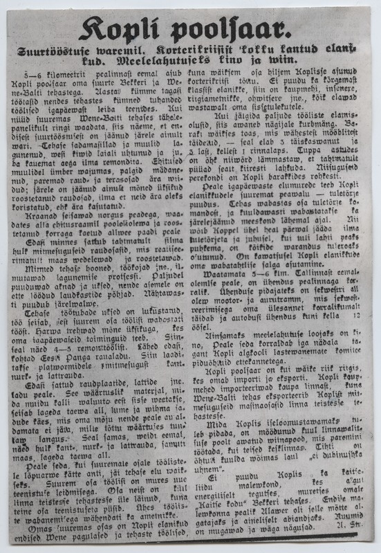 Fotoreproduktsioon "Waba Maa" artiklist "Kopli poolsaar", Nr. 92, 22.04.1926.