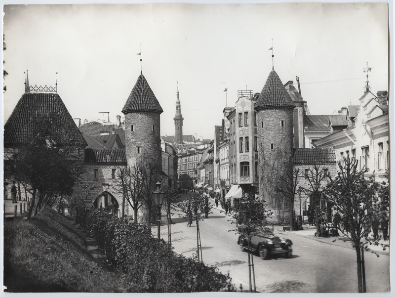 Vaade Viru väravale ja tänavale, taga Raekoja torn.