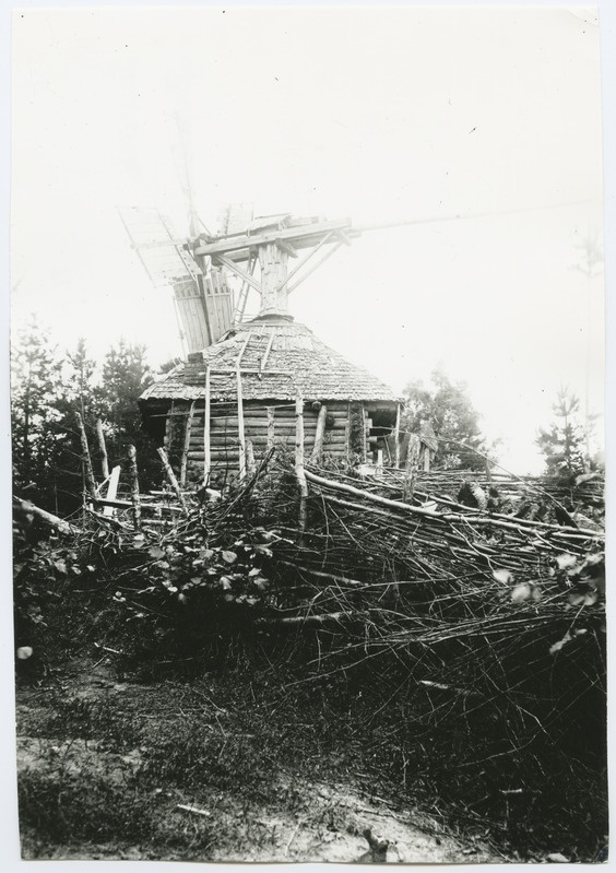 Laastukatusega palkhoone, mille katusel tuuleveski.