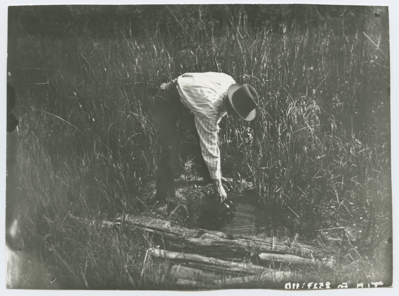 Kummargil asendis meesfiguur allikast vett ammutamas, 1920-ndad aastad.