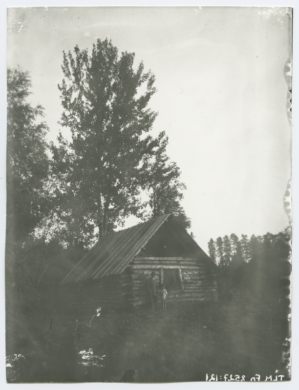 Maastikufoto heinaküüniga, küüni ees meesfiguur lapsega, 1920-ndad aastad.