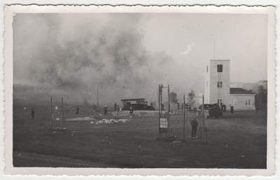 Urban air defence and fire extinguishing maneuver on the hypodroom. General view of firefighting cars in 1937.  duplicate photo