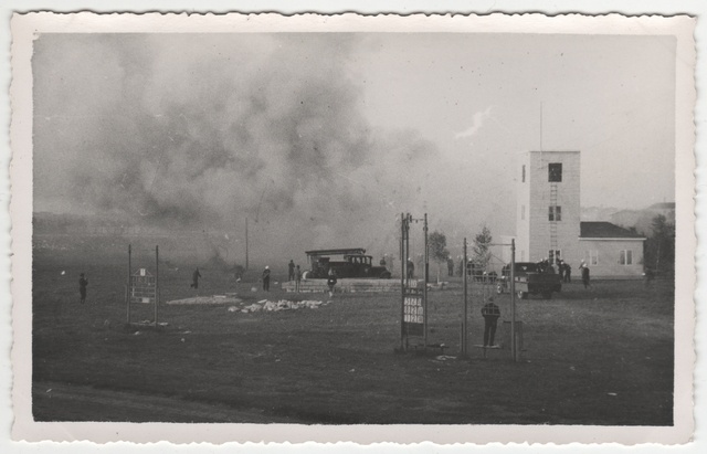 Urban air defence and fire extinguishing maneuver on the hypodroom. General view of firefighting cars in 1937.