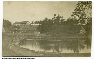 Postcard, Tuhalaane general view (lake, school, church)  duplicate photo