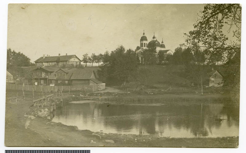 Postcard, Tuhalaane general view (lake, school, church)