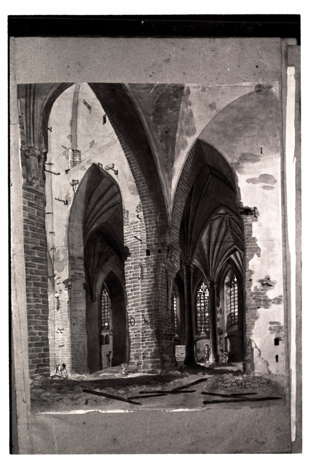 Inside view of Oleviste Church after the fire of 1820.