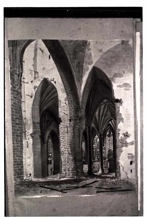 The inner view of the Oleviste Church after the fire of 1820.