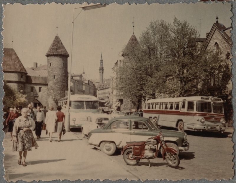 Viru Street - parking buses, cars, motorcycle.