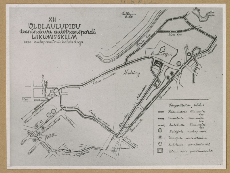 XII Üldlaulupidu teenindava autotranspordi liikumis-skeem. Reprofoto dokumendist.