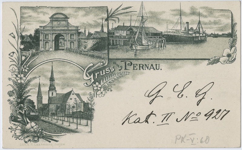 Postkaart Pärnu vaadetega. Tallinna värav, sadam, kirikud