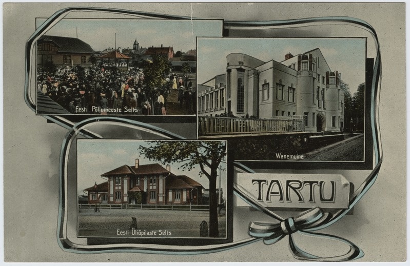 Postkaart Tartu vaadetega. Eesti Põllumeeste Seltsi näitus. Teater Vanemuine, Eesti Üliõpilaste Seltsi hoone.
