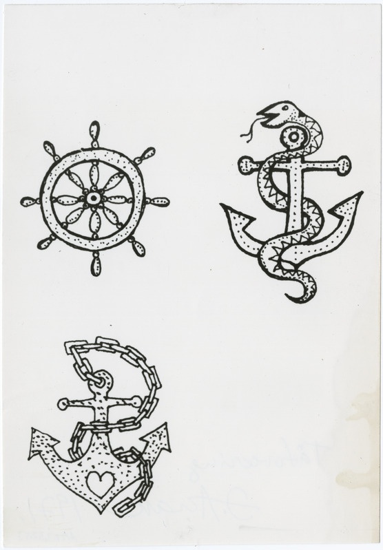 Film "Metskapten" (1971, rež. Kalju Komissarov). Laeva "Fortuna" madruste tatoveeringute kavandid (kunstnik Jüri Arrak).