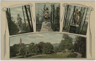 Postkaart. Viljandi kalmistu. Skulptuurid kalmistul: Naine lillepärjaga (August Weizenberg, 1915), Kõpu kalmistu) Naine ankruga (August Weizenberg, Viljandi vana kalmistu, 1908), Ingel (Viljandi vana kalmistu).  duplicate photo