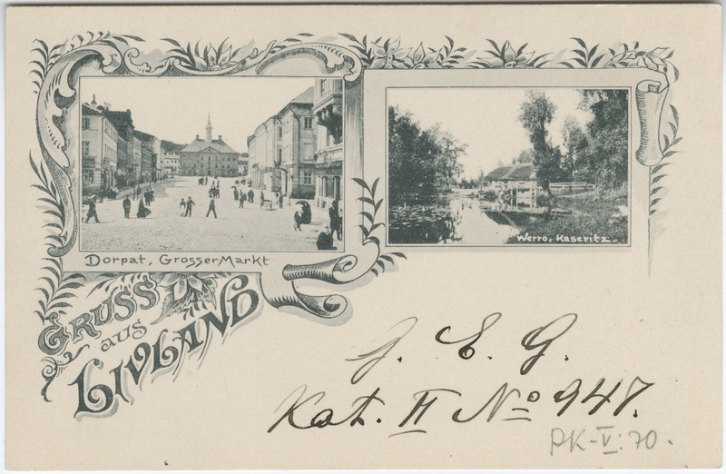 Postkaart "Grus aus Livland". Tartu Raekoja plats, Võru vaade