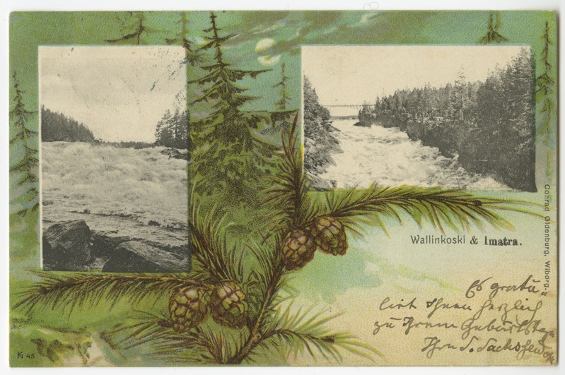 Dekoratiivpostkaart Vallinkoski ja Imatra jõgedega.