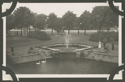 Vaade, Tallinn. Vaade Snelli pargile, tiigile ja purskkaevule. Fotol näha Snelli pargis jalutavaid inimesi ja tiigis ujuvaid luikesid. Taga puude vahelt paistab kuivkäimla.  duplicate photo