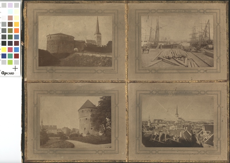 Neli fotot sarjast "Reval und Umgebung": Suur Rannavärav, Tallinna sadam, Kiek in de Kök, Tallinna üldvaade suunaga mere poole.