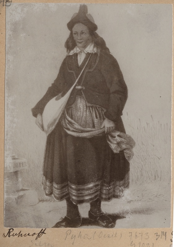 F.S. Stern. Saarema naine Püha kihelkonna rahvariietes. 1859.a. Litograafia.