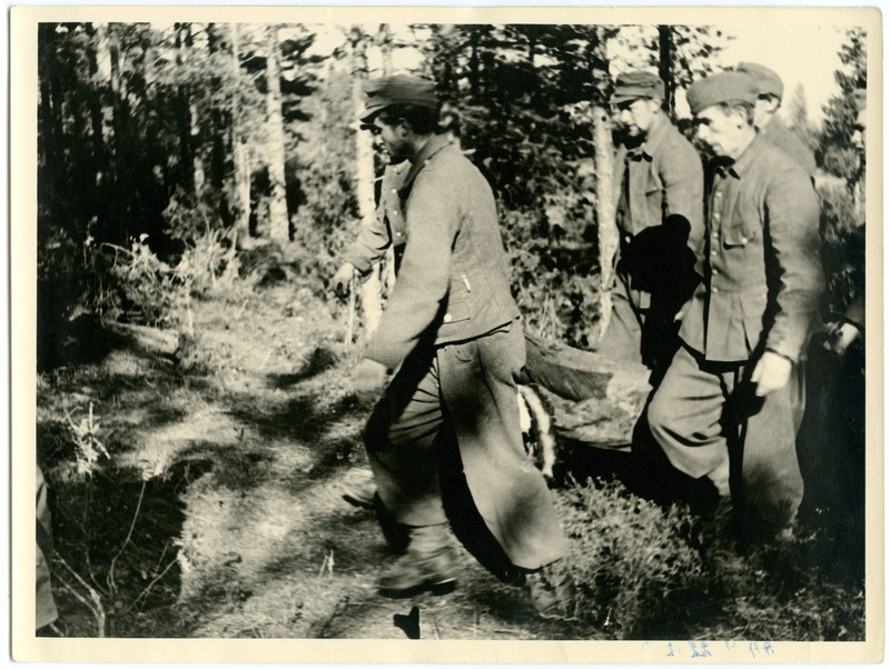 Saksa fašistide roimajäljed 1944.a. Saksa sõjavangid laipa kandmas. Esiplaanil viis sõjavangi laipa kandmas, tagaplaanil mets.