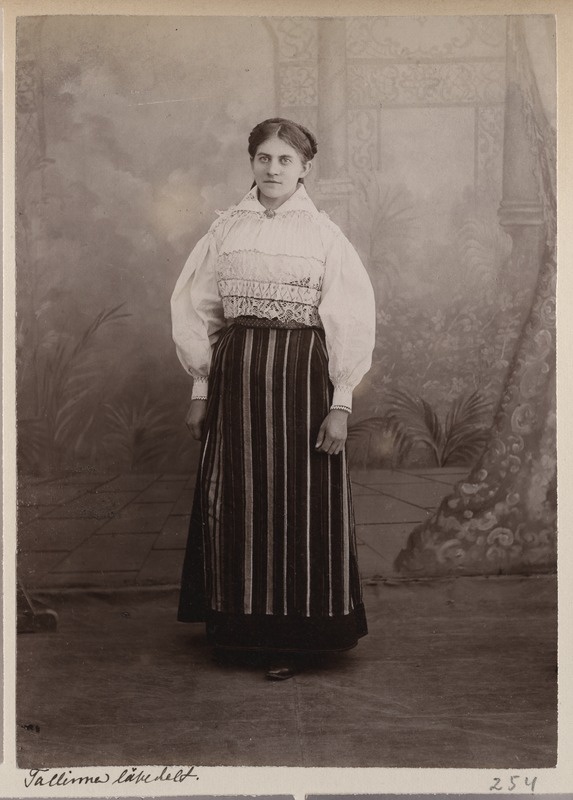 Ateljeefoto: naine Hiiumaa rahvarõivais.