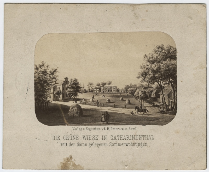 L. H. Petersen "Die Grüne Wiese in Katharinenthal mit den daran gelegenen Sommerwohnungen". 1860.aastad, litograafia. (Kadriorg, Roheline aas.)