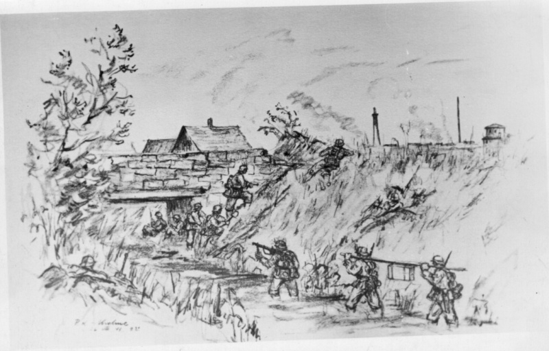 Saksa armee reporteri-rindekunstniku joonistus: pealetung Tallinnale. 1941.