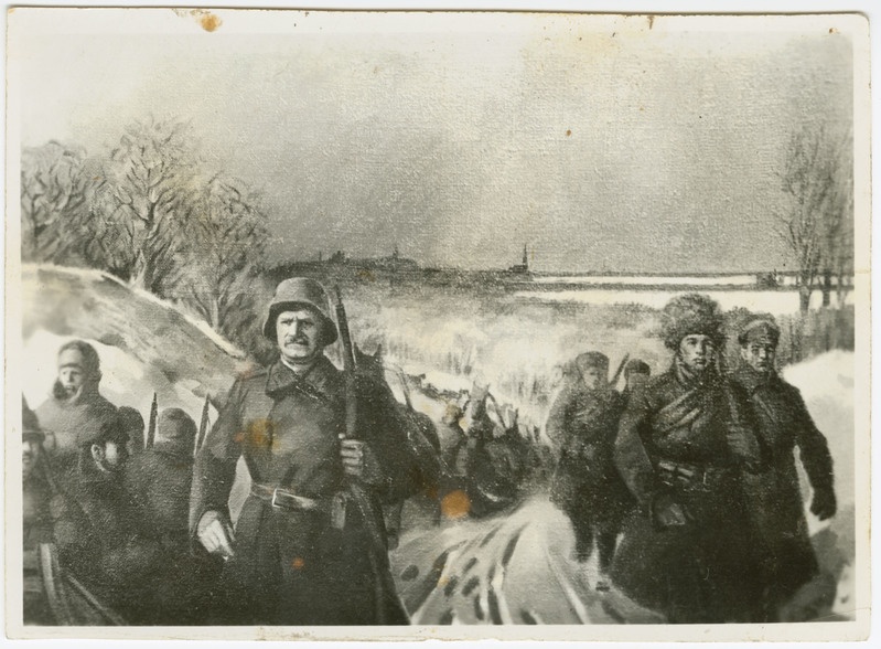 Pildistus maalist. Kalevlaste Maleva võitlejad teel rindlele Narva juures 2.jaanuaril 1919.