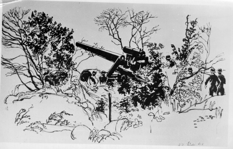 Saksa armee reporteri-rindekunstniku joonistus: tulistamisvalmis saksa patarei Põltsamaa juures. 22.07.1941.