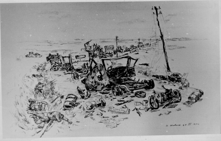 Saksa armee reporteri-rindekunstniku joonistus: purustatud nõukogude armee kolonn Sirguvere juures. 25.07.1941.