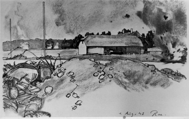 Saksa armee reporteri-rindekunstniku joonistus: lahingustseen Kuusna mõisa juures. 1941.