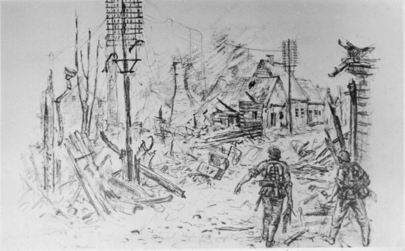 Saksa armee reporteri-rindekunstniku joonistus: saksa eelväed vallutatud Paides. 1941.