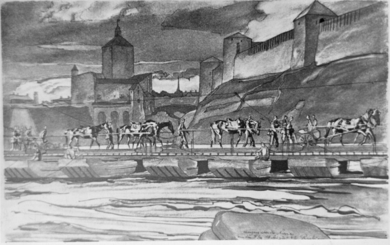 Saksa armee reporteri-rindekunstniku joonistus: pontoonsild üle Narva jõe 18.08.1941 õhtul.
