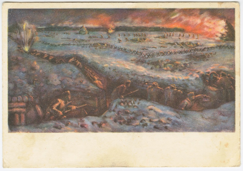 Postkaart E. Brisnkmanni pastellmaalist "Narva kaitselahing. Punaarmee rünnak 4. polgu positsioonidele Feodormaa juures detsembris 1919", Sõjamuuseumi väljaanne, kirjastaja R.Tohver & Ko, Tallinn.