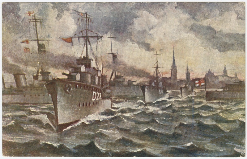 Värviline postkaart N.Kulli õlimaal Inglise laevastik Tallinnas detsembris 1918.a. Sõjamuuseumi väljaanne, J.Roosileht & Co
