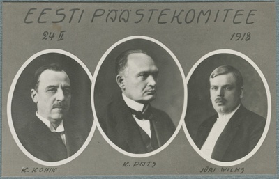 Fotopostkaart Eesti Päästekomitee liikmed. Jüri Vilmsi, Konstantin Pätsi, Konstantin Koniku portreed.  duplicate photo
