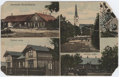 Fotomontaaž Järva-Jaani vaadetest: Mühlbaumi kauplus, arstimaja, kirik ja õpetaja maja.  duplicate photo