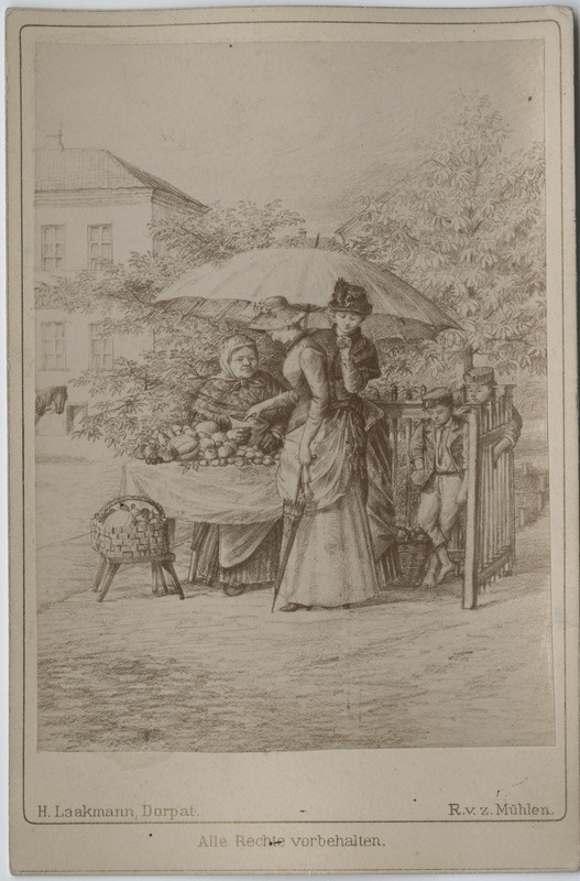 Foto Mühleni pliiatsijoonistusest: kaks hästiriietatud naist proovimas vanema naise pakutud õunu.