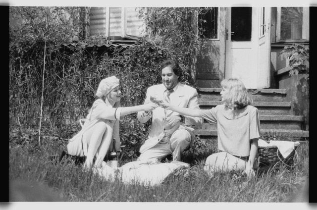 Dionysia 1993, performance at Tartu Writers’ House; from the left Maria Avdjuško, Guido Kangur, Piret Kalda