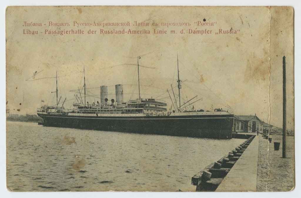 Postkaart : Venemaa-Ameerika liini reisiaurik "Rossija" Liibavi sadamas