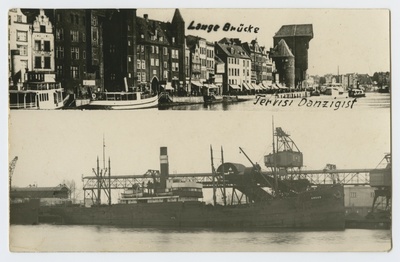 2-väljaline postkaart Danzigi vaadetega (Lange Brücke, kaubalaev "Argos" kai ääres)  duplicate photo