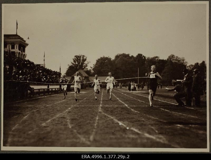 Running competition at Kadrioru Stadium in June 1926. Runners finishing. Possible that the opening of the Kadrioru Stadium on June 13, 1926