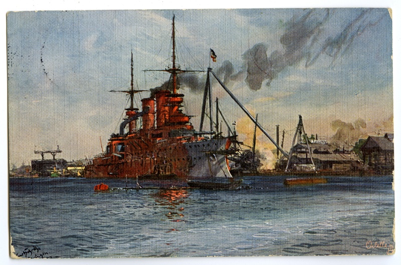 Kunstiline postkaart, Saksamaa lahingulaev "Zöhringen" sadamas.