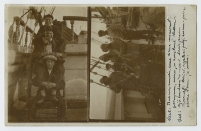 Purjelaeva meeskonnaliikmed laeval enne linna minekut.
Taani, 1927.a.
Kaks erinevat fotot ühel postkaardil  duplicate photo