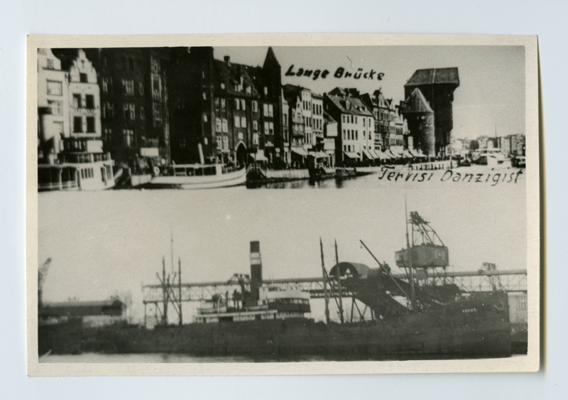 Kahevaateline postkaart. Vaade Danzig'i kaldale ja aurulaev "Argos" sadamas