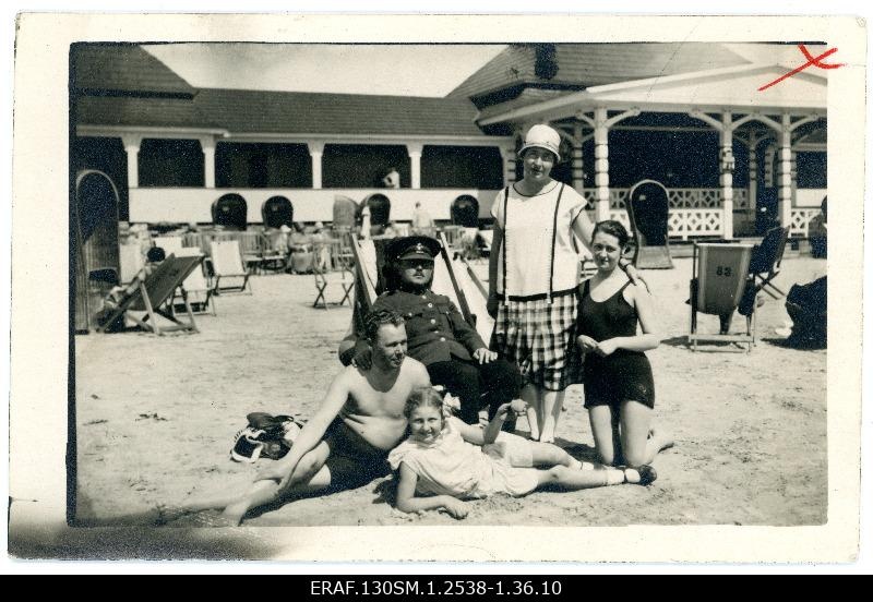 Photo from Valfried Jakobson's research file. Group in front of the Pärnu beach building, may be V. Jakobson on the left.