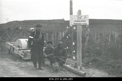 War of Liberty. 1.piir hunting battalion guard post at the electrical wire barrier built during the German occupation on the road to Narva-Jamburg near Narva. The background of the carriage.  duplicate photo